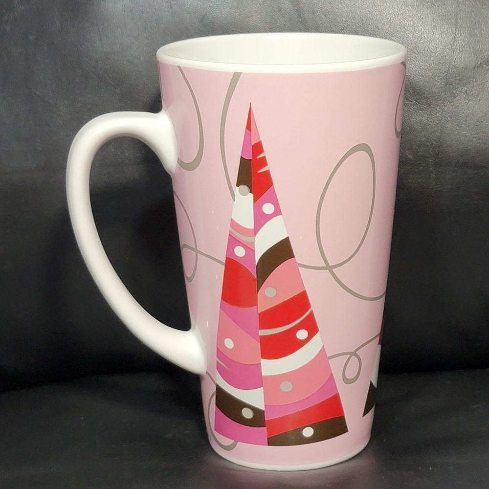 2004 Starbucks Coffee Tall Mug Pink Red Silver Christmas Tree Abstract Gnome Hat